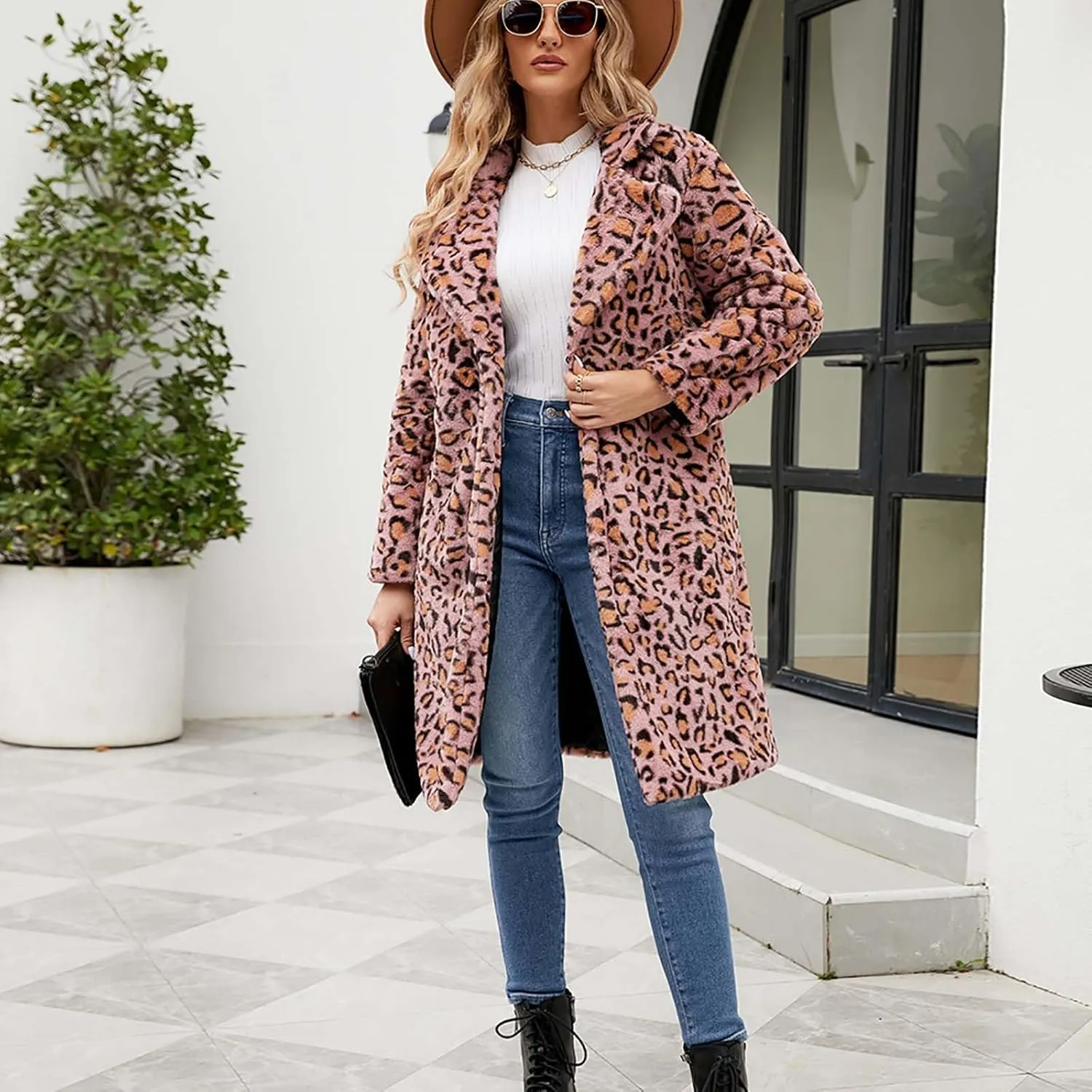 Womens Trendy Leopard Overcoat Warm Faux Furry Long Coat with Pockets Winter Jackets Loose Cardigan Outerwear