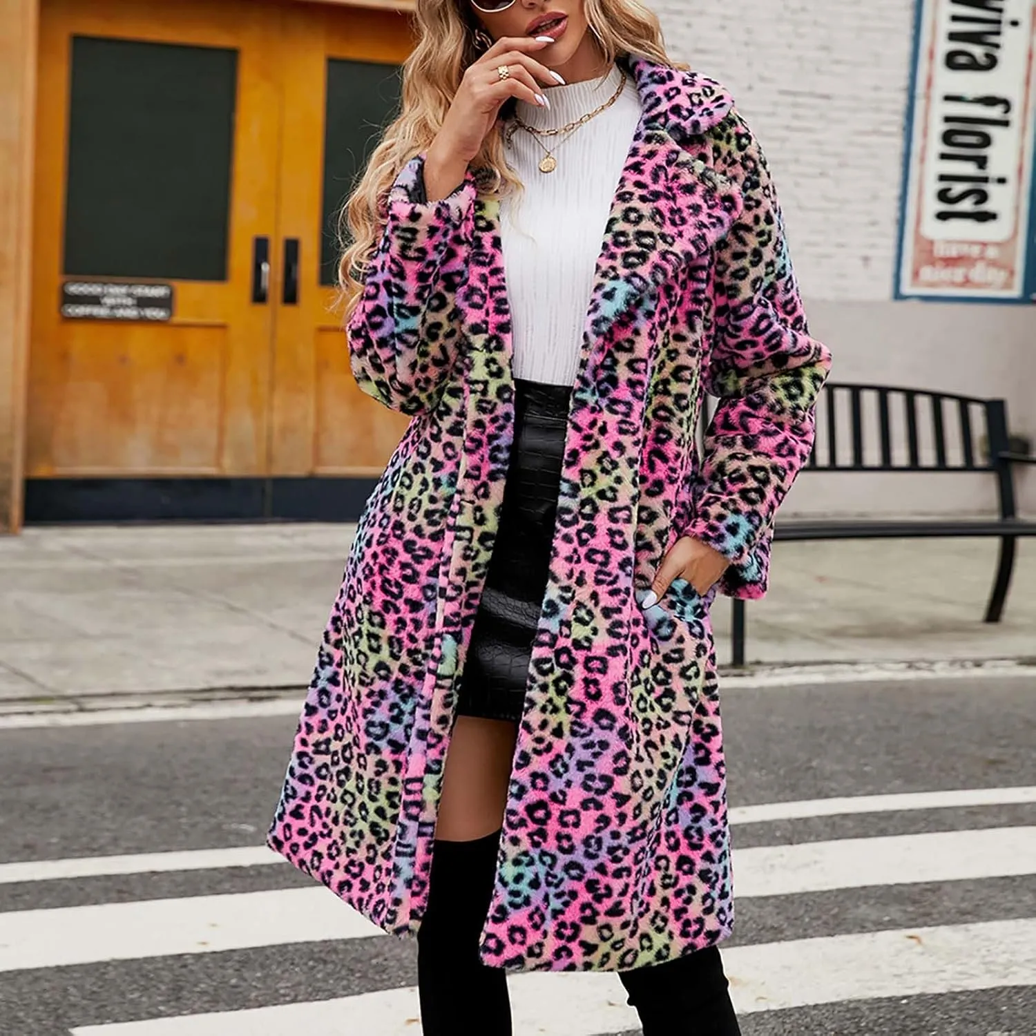 Womens Trendy Leopard Overcoat Warm Faux Furry Long Coat with Pockets Winter Jackets Loose Cardigan Outerwear
