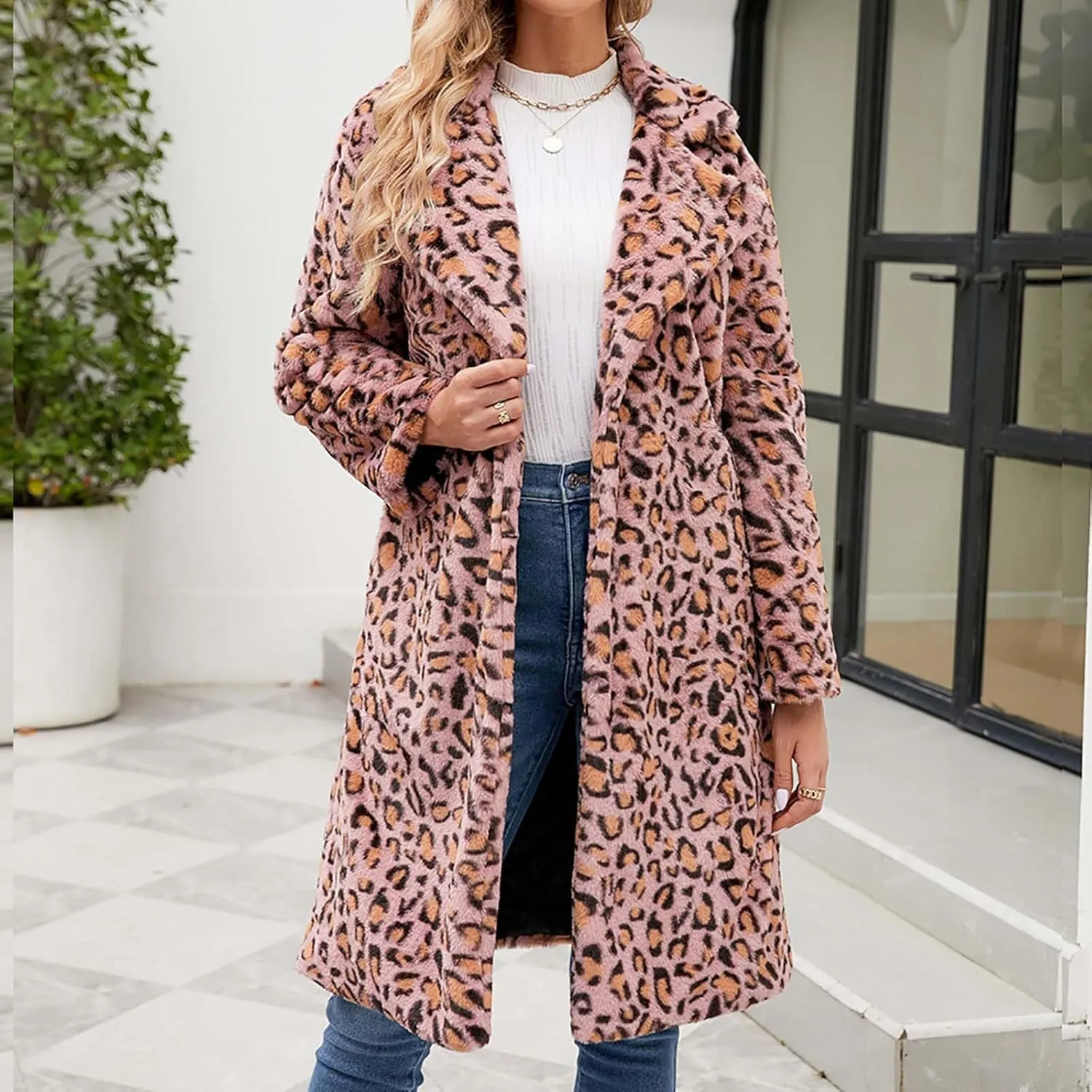 Womens Trendy Leopard Overcoat Warm Faux Furry Long Coat with Pockets Winter Jackets Loose Cardigan Outerwear