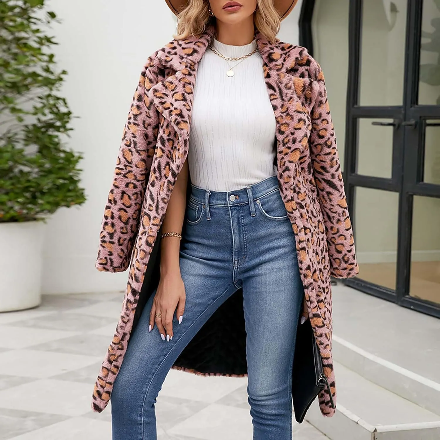 Womens Trendy Leopard Overcoat Warm Faux Furry Long Coat with Pockets Winter Jackets Loose Cardigan Outerwear