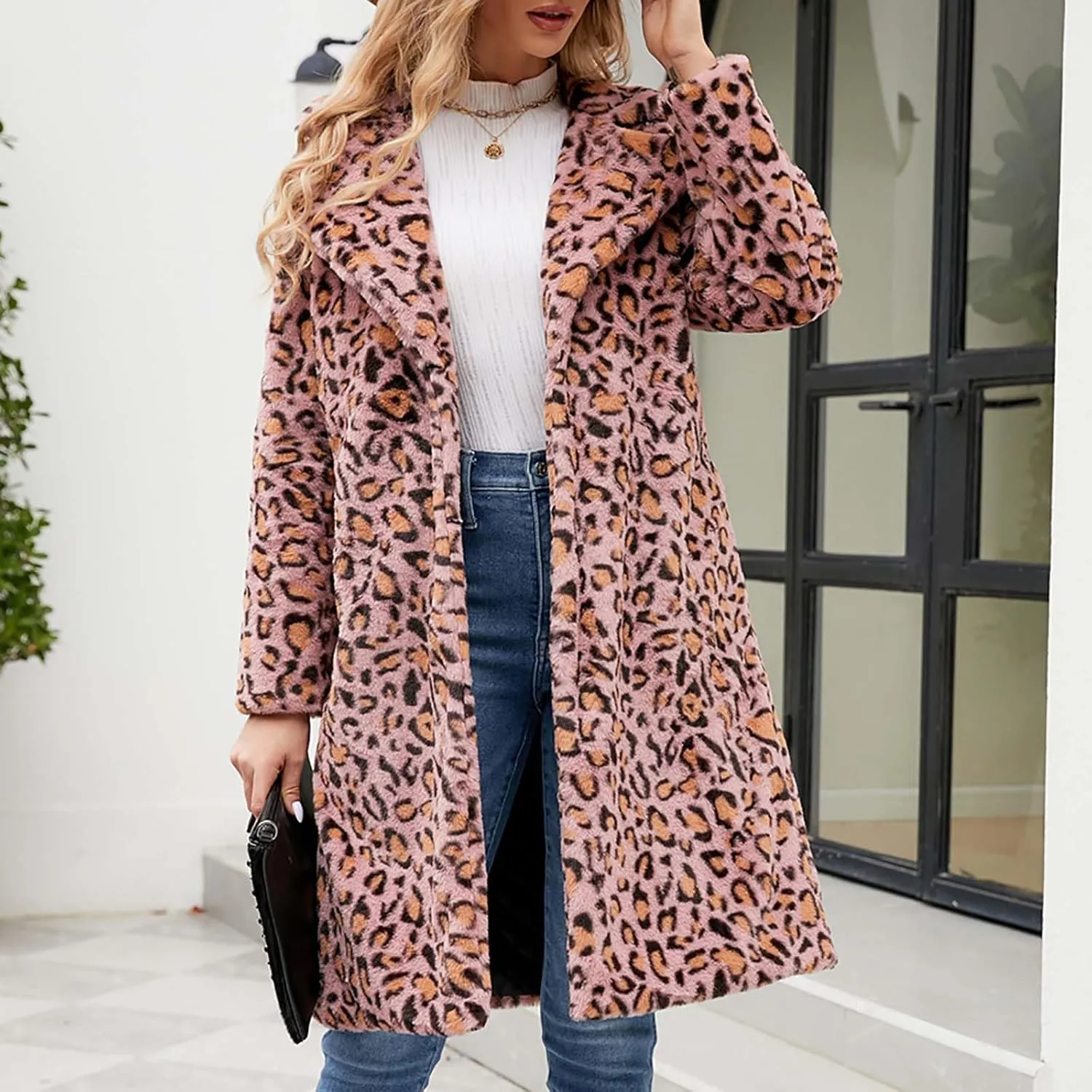 Womens Trendy Leopard Overcoat Warm Faux Furry Long Coat with Pockets Winter Jackets Loose Cardigan Outerwear