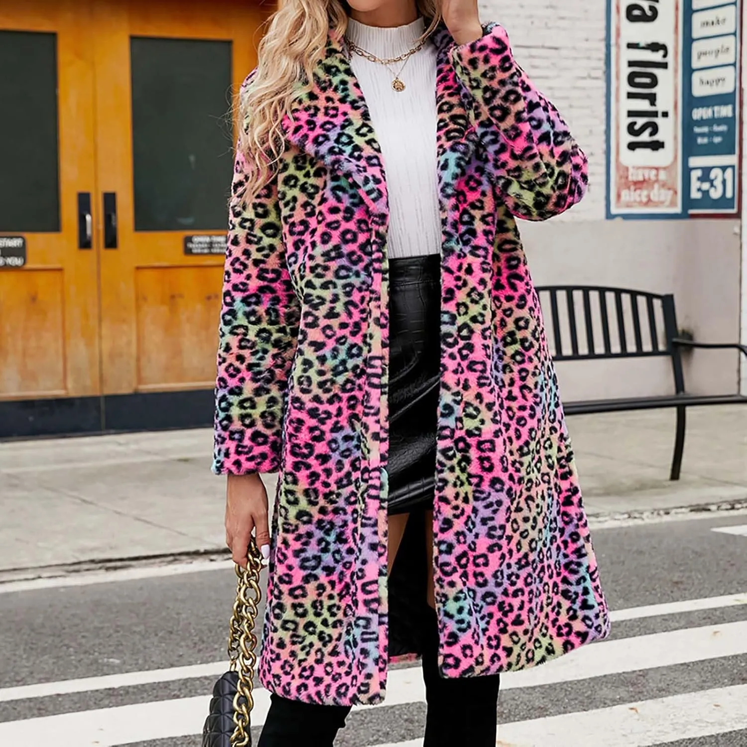Womens Trendy Leopard Overcoat Warm Faux Furry Long Coat with Pockets Winter Jackets Loose Cardigan Outerwear