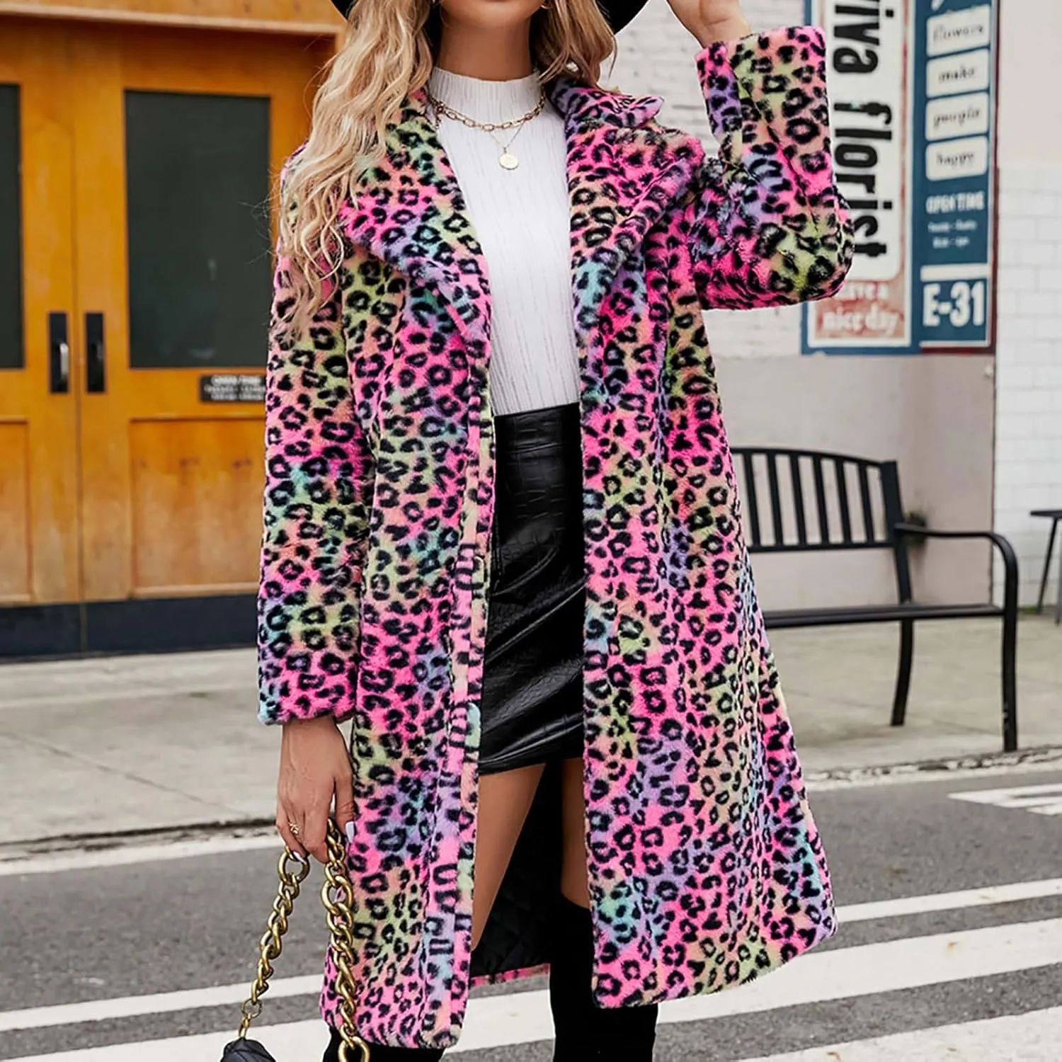 Womens Trendy Leopard Overcoat Warm Faux Furry Long Coat with Pockets Winter Jackets Loose Cardigan Outerwear