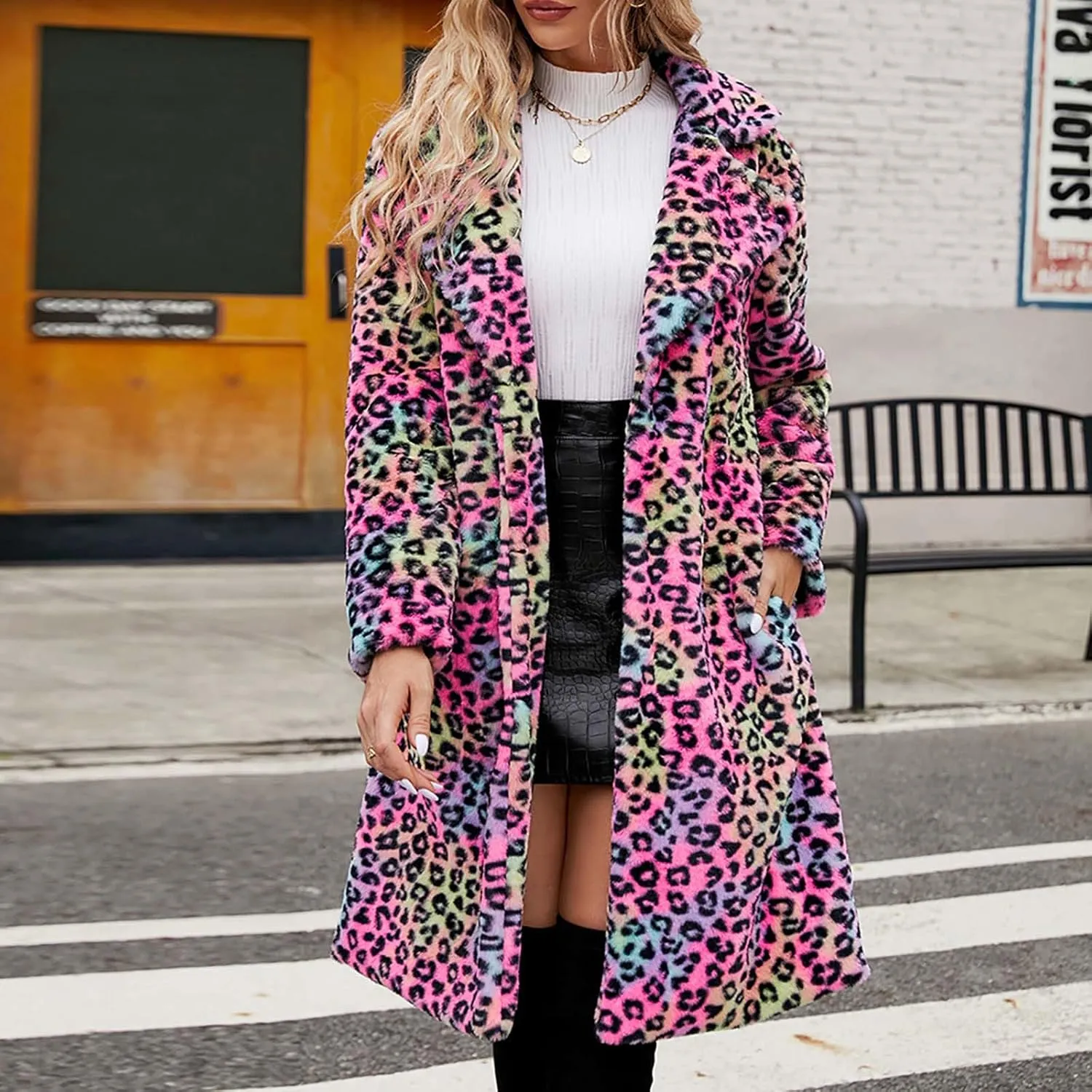 Womens Trendy Leopard Overcoat Warm Faux Furry Long Coat with Pockets Winter Jackets Loose Cardigan Outerwear