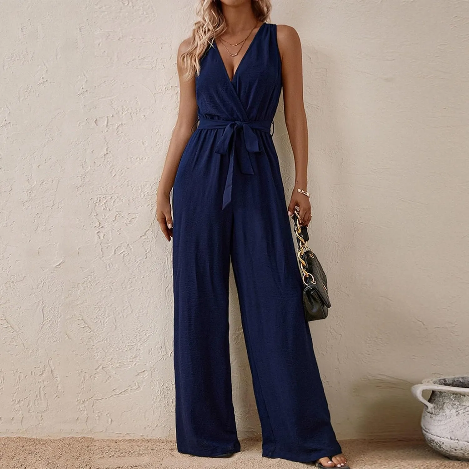 Women's V-Neck Jumpsuit Slimming Elegantes Summer Jumpers 1 Piece Outfits Comfortable Tropical Rompers with Pockets