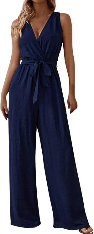 Women's V-Neck Jumpsuit Slimming Elegantes Summer Jumpers 1 Piece Outfits Comfortable Tropical Rompers with Pockets