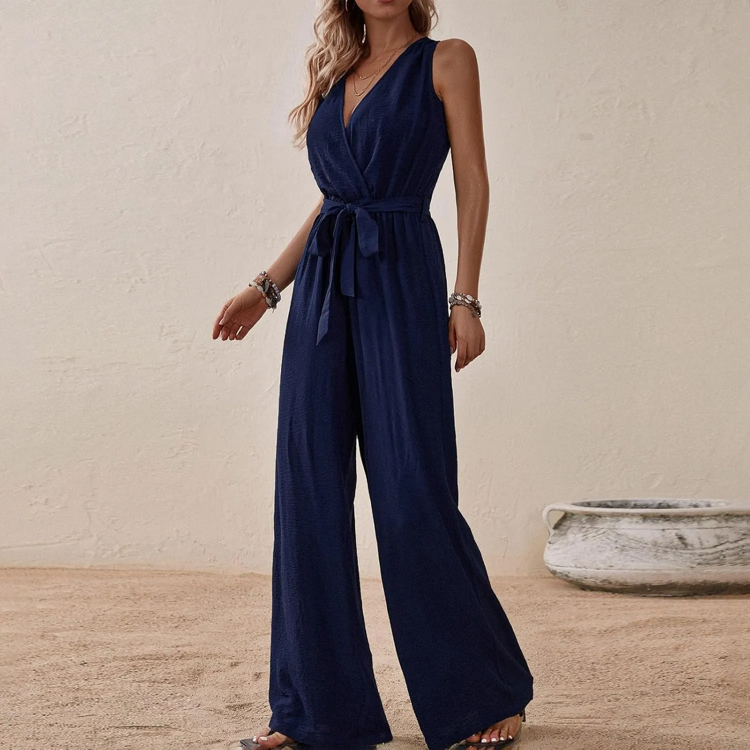 Women's V-Neck Jumpsuit Slimming Elegantes Summer Jumpers 1 Piece Outfits Comfortable Tropical Rompers with Pockets