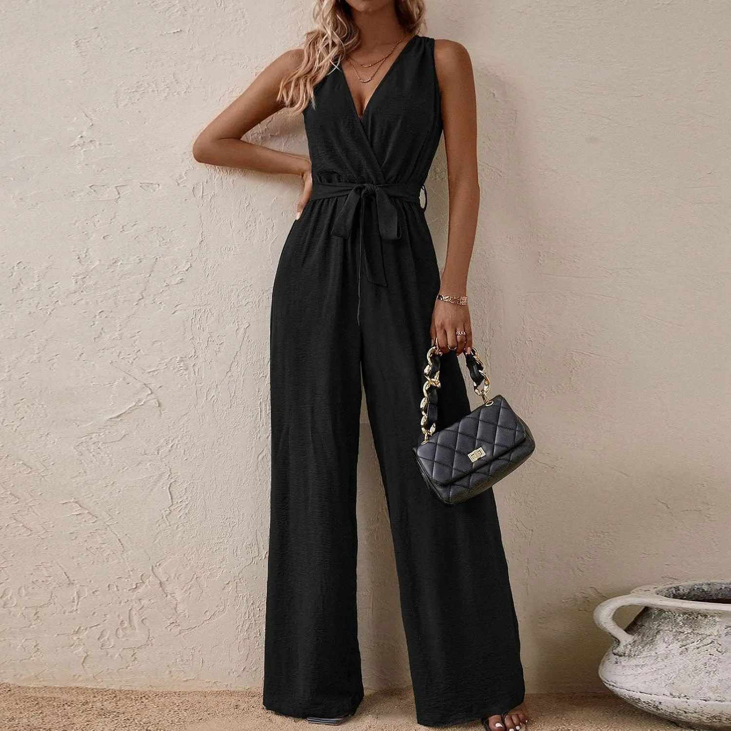 Women's V-Neck Jumpsuit Slimming Elegantes Summer Jumpers 1 Piece Outfits Comfortable Tropical Rompers with Pockets