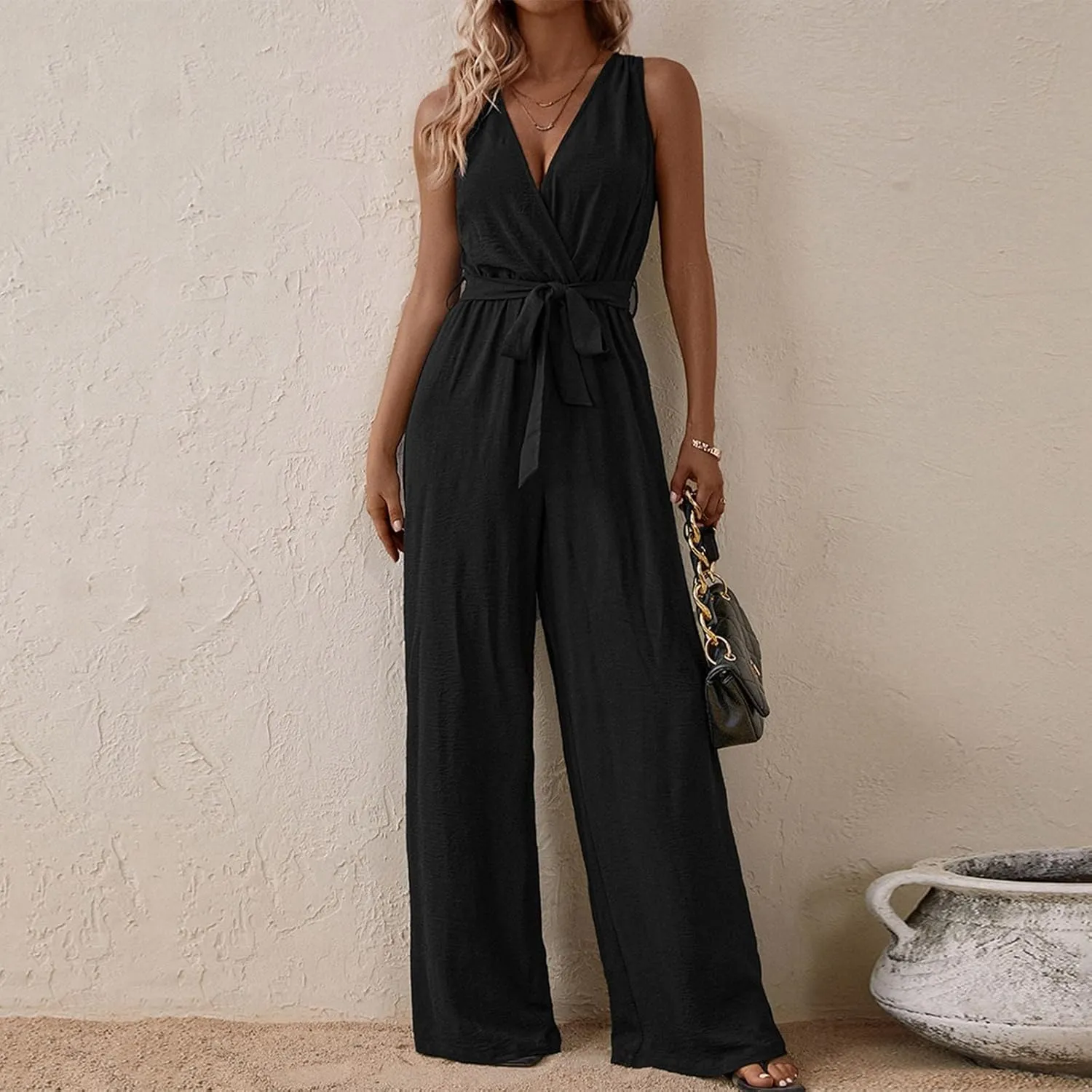 Women's V-Neck Jumpsuit Slimming Elegantes Summer Jumpers 1 Piece Outfits Comfortable Tropical Rompers with Pockets