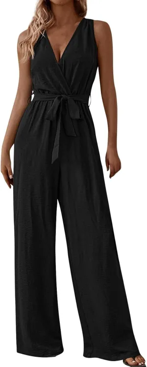 Women's V-Neck Jumpsuit Slimming Elegantes Summer Jumpers 1 Piece Outfits Comfortable Tropical Rompers with Pockets
