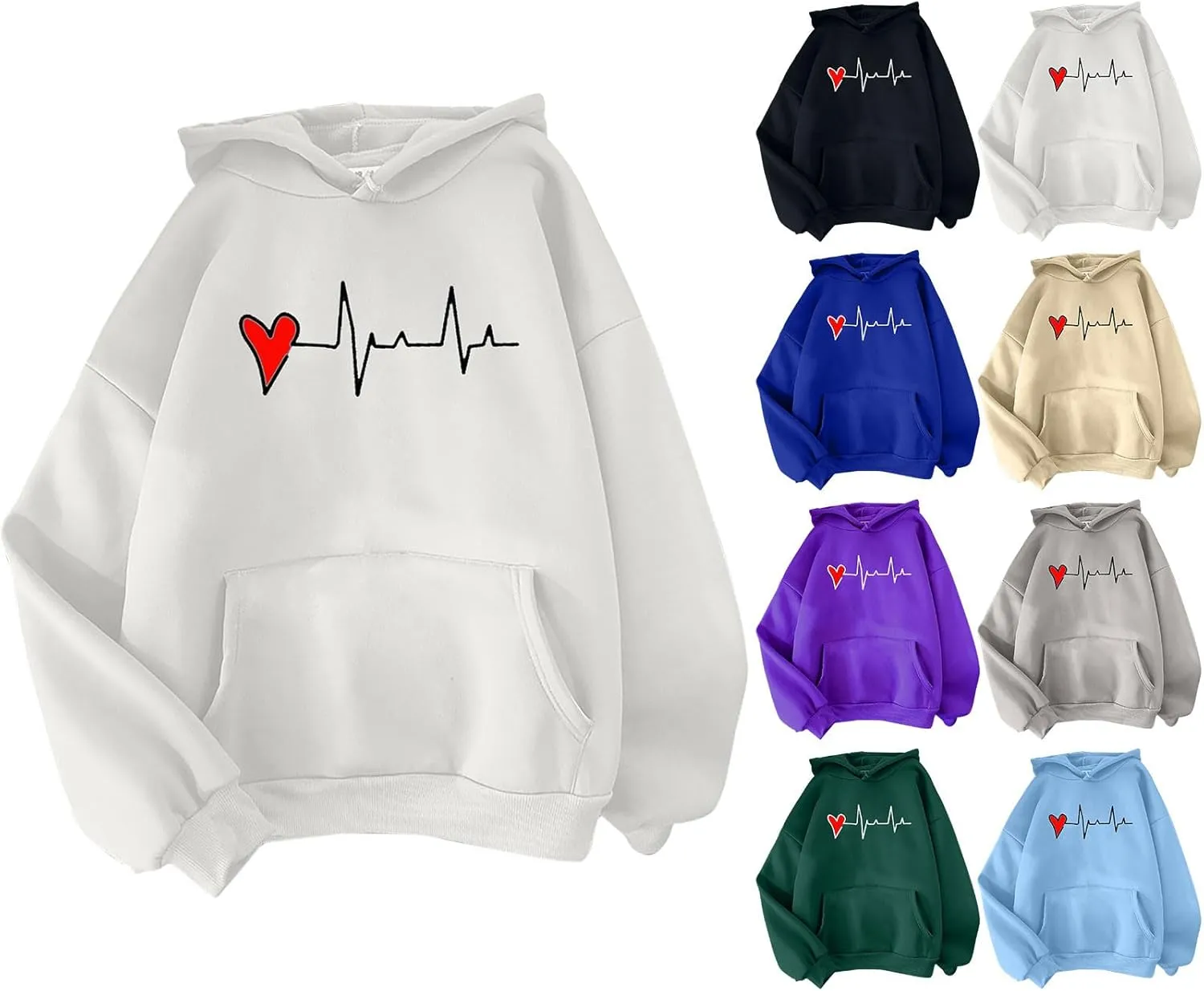 Womens Valentine's Day Oversized Hoodie Long Sleeve Trendy Heartbeat Print Sweatshirt Vacation Hiking Casual Pullover