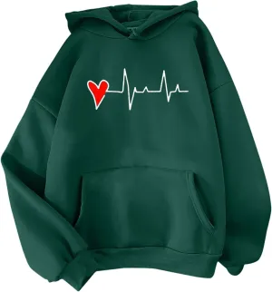 Womens Valentine's Day Oversized Hoodie Long Sleeve Trendy Heartbeat Print Sweatshirt Vacation Hiking Casual Pullover