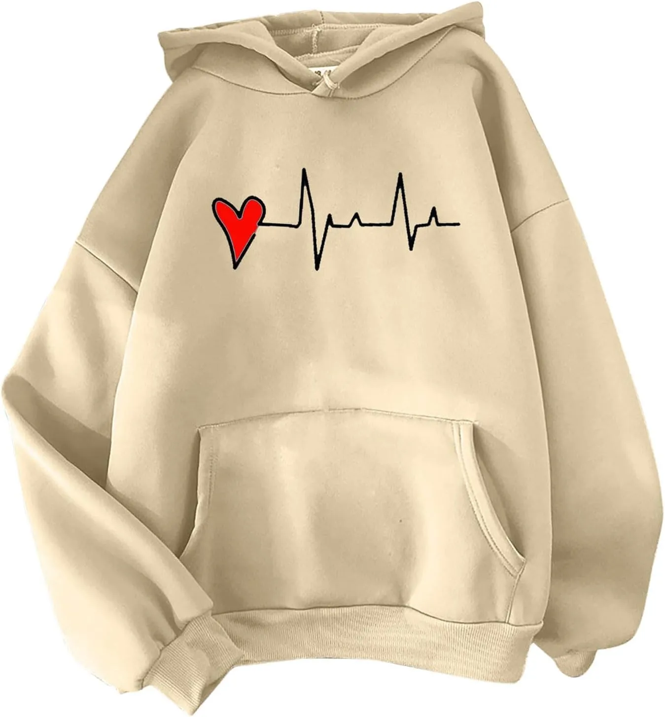Womens Valentine's Day Oversized Hoodie Long Sleeve Trendy Heartbeat Print Sweatshirt Vacation Hiking Casual Pullover