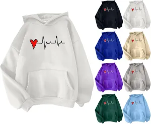 Womens Valentine's Day Oversized Hoodie Long Sleeve Trendy Heartbeat Print Sweatshirt Vacation Hiking Casual Pullover