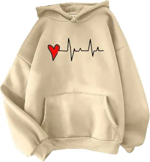 Womens Valentine's Day Oversized Hoodie Long Sleeve Trendy Heartbeat Print Sweatshirt Vacation Hiking Casual Pullover