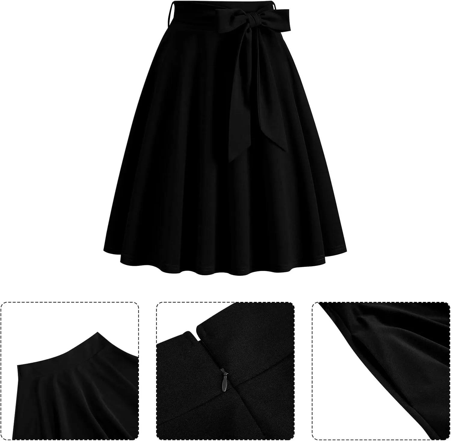 Women's Vintage Flared Skirt 1950s Belted Midi Skirt Solid A-Line Knee Length Skirts with Pockets