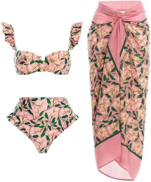 Women's Vintage Floral Print One Piece Swimsuit Ruffle Backless Swimming Suits with Movable Chest Pads