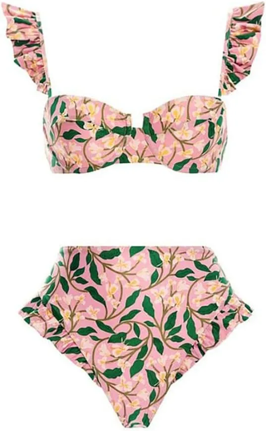 Women's Vintage Floral Print One Piece Swimsuit Ruffle Backless Swimming Suits with Movable Chest Pads