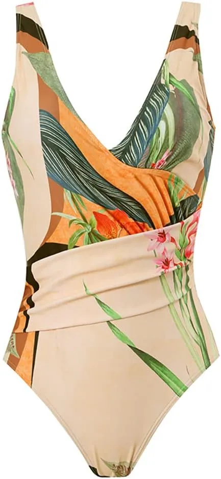 Women's Vintage Floral Print One Piece Swimsuit Ruffle Backless Swimming Suits with Movable Chest Pads