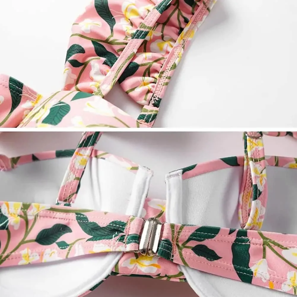 Women's Vintage Floral Print One Piece Swimsuit Ruffle Backless Swimming Suits with Movable Chest Pads