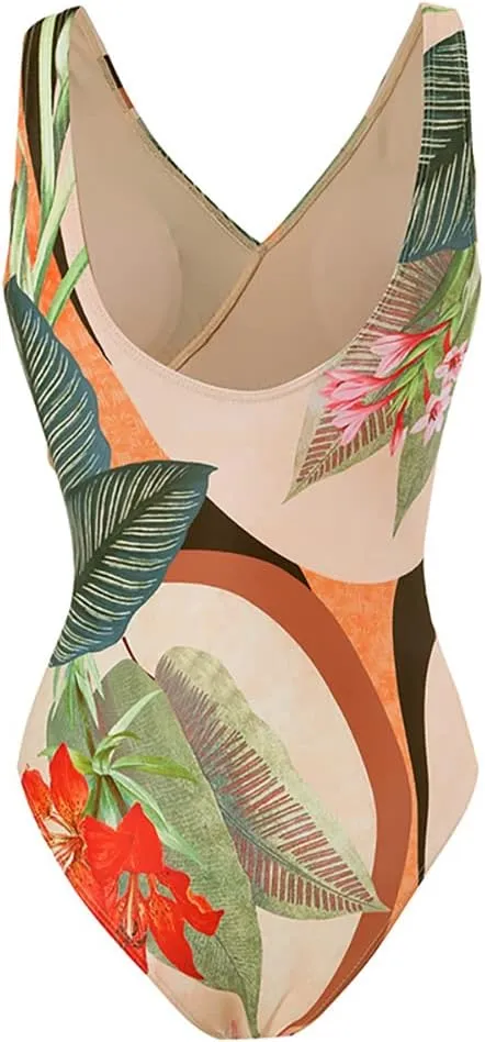 Women's Vintage Floral Print One Piece Swimsuit Ruffle Backless Swimming Suits with Movable Chest Pads