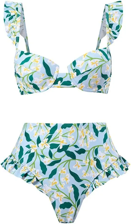 Women's Vintage Floral Print One Piece Swimsuit Ruffle Backless Swimming Suits with Movable Chest Pads