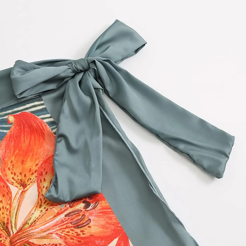 Women's Vintage Floral Print One Piece Swimsuit Ruffle Backless Swimming Suits with Movable Chest Pads