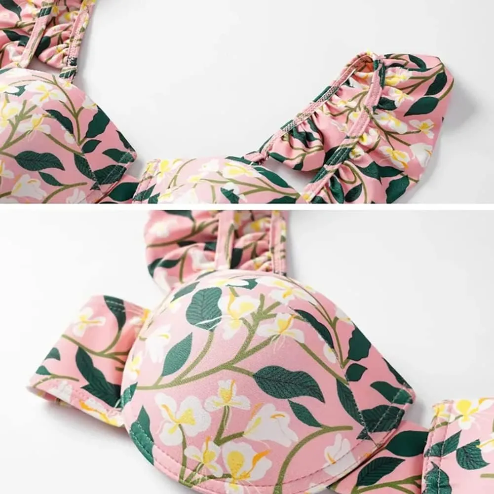 Women's Vintage Floral Print One Piece Swimsuit Ruffle Backless Swimming Suits with Movable Chest Pads