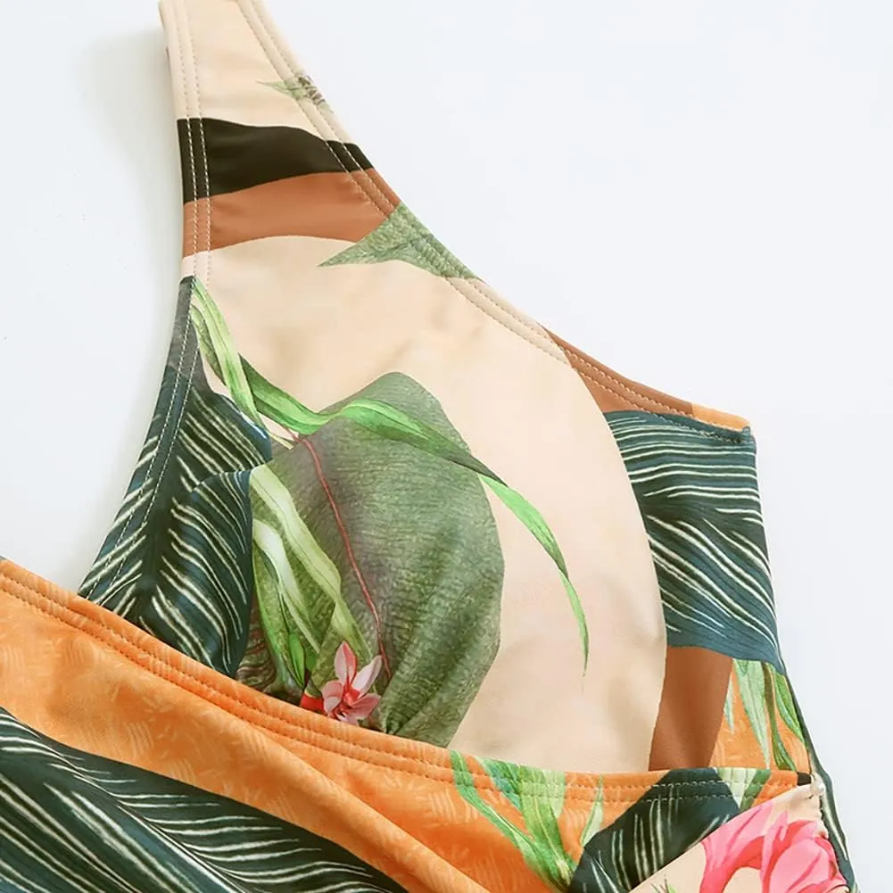Women's Vintage Floral Print One Piece Swimsuit Ruffle Backless Swimming Suits with Movable Chest Pads