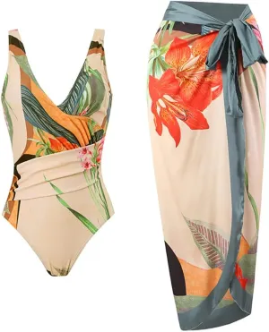 Women's Vintage Floral Print One Piece Swimsuit Ruffle Backless Swimming Suits with Movable Chest Pads