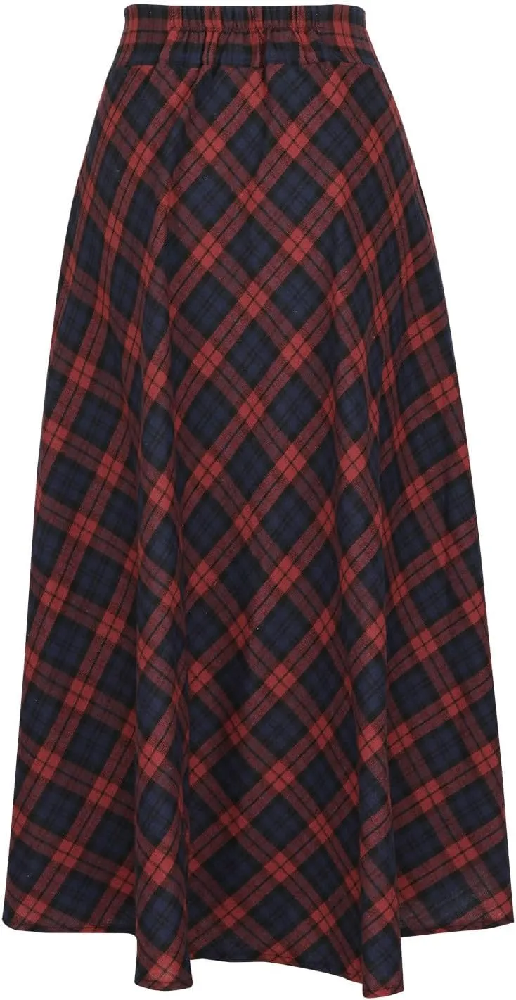 Women's Vintage Plaid Maxi Skirt Elegant High Waist Warm Wool Long Pleated Skirts Trendy Fall A-Line Tartan Skirts