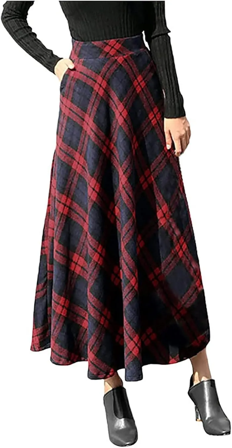 Women's Vintage Plaid Maxi Skirt Elegant High Waist Warm Wool Long Pleated Skirts Trendy Fall A-Line Tartan Skirts