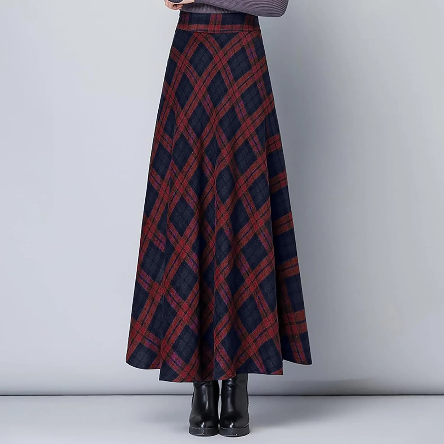 Women's Vintage Plaid Maxi Skirt Elegant High Waist Warm Wool Long Pleated Skirts Trendy Fall A-Line Tartan Skirts