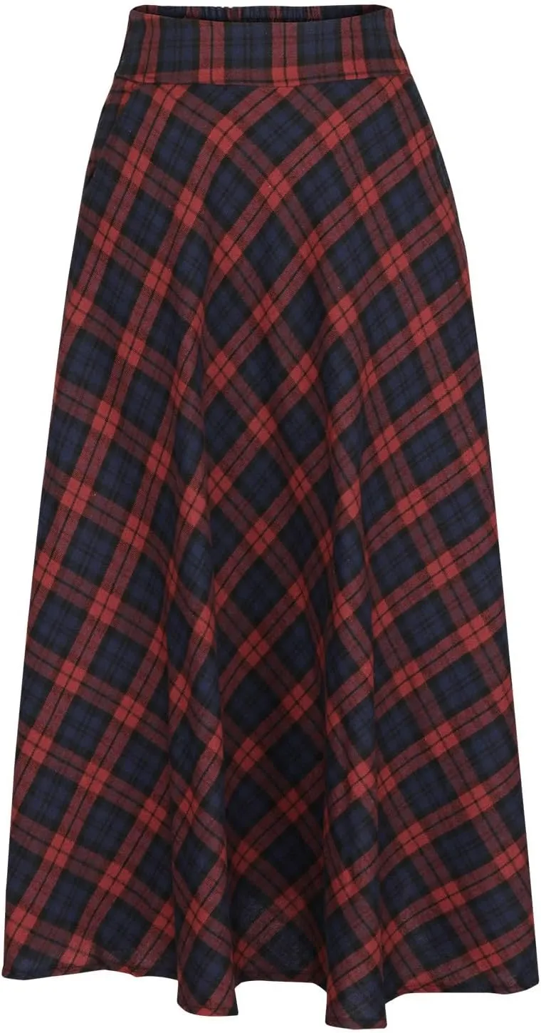 Women's Vintage Plaid Maxi Skirt Elegant High Waist Warm Wool Long Pleated Skirts Trendy Fall A-Line Tartan Skirts