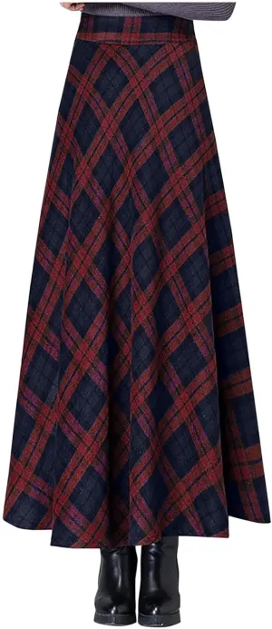 Women's Vintage Plaid Maxi Skirt Elegant High Waist Warm Wool Long Pleated Skirts Trendy Fall A-Line Tartan Skirts