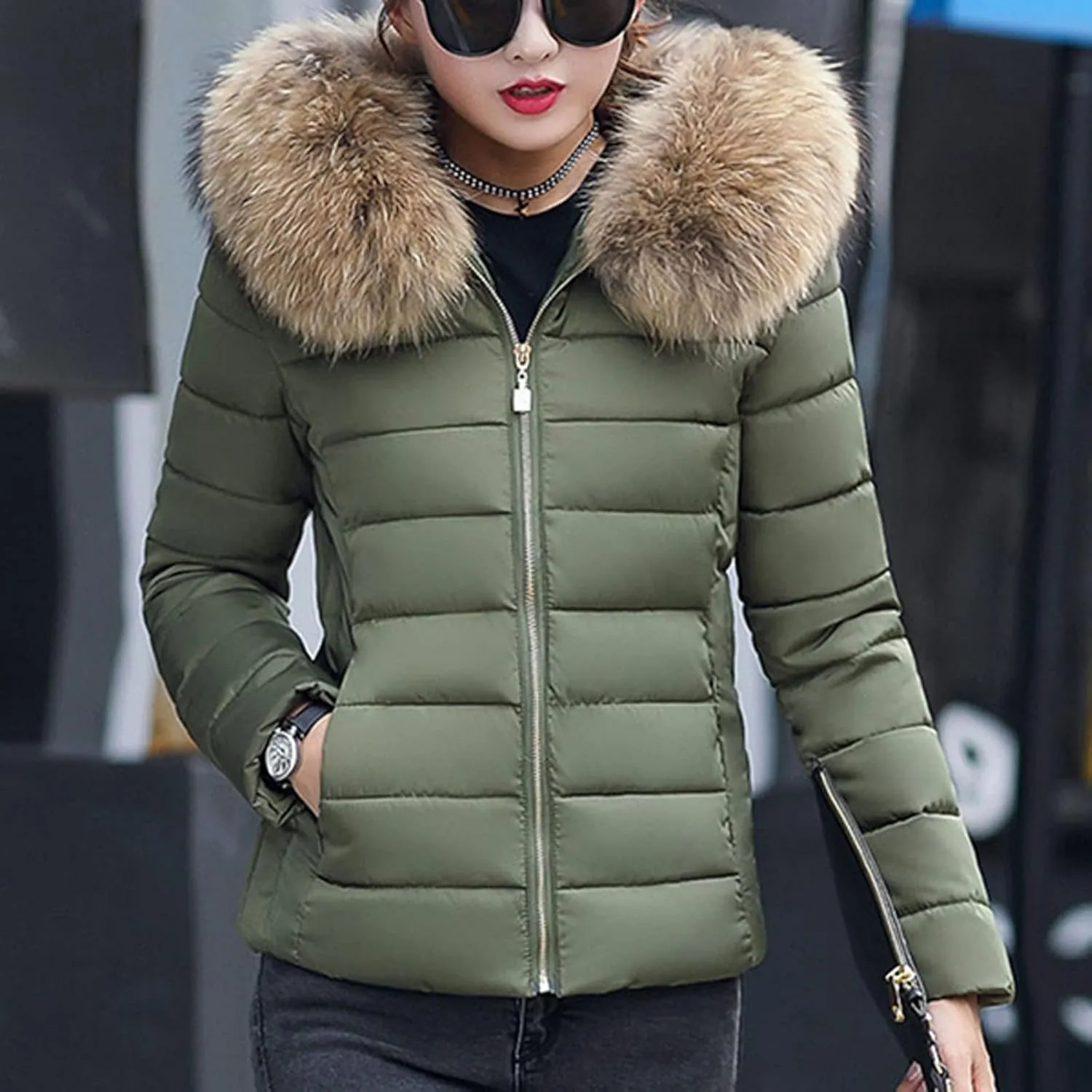 Women's Warm Cotton Padded Clothes Large Wool Collar Thick Coat Slim Cotton Padded Parkas Thickened Down Jacket