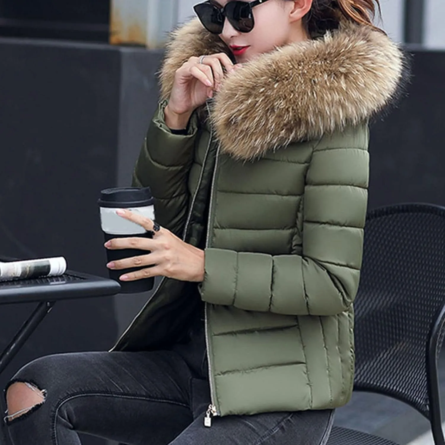 Women's Warm Cotton Padded Clothes Large Wool Collar Thick Coat Slim Cotton Padded Parkas Thickened Down Jacket