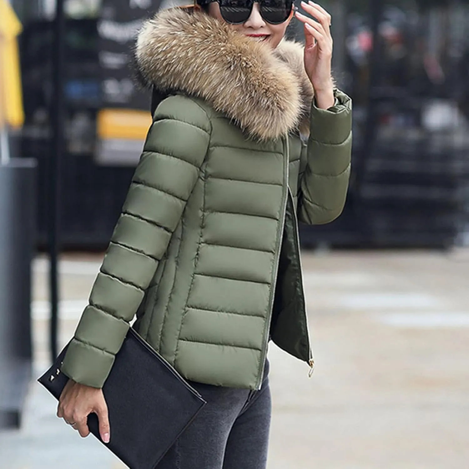 Women's Warm Cotton Padded Clothes Large Wool Collar Thick Coat Slim Cotton Padded Parkas Thickened Down Jacket