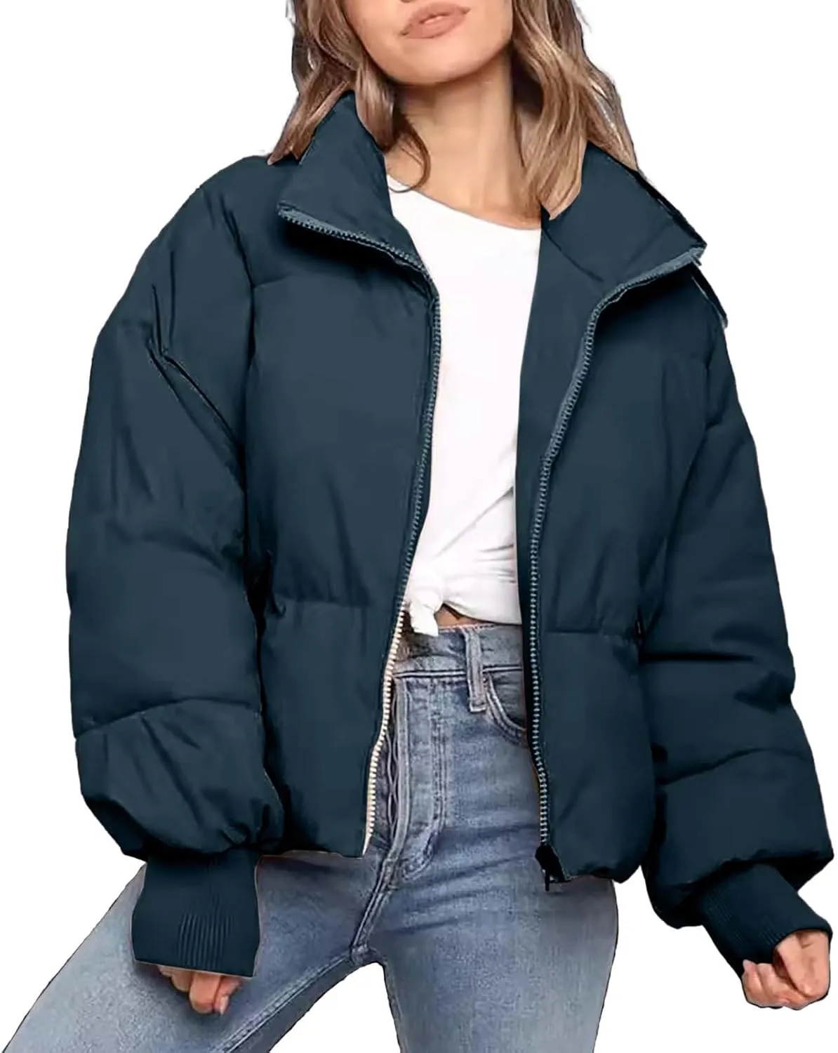 Women's Winter Cropped Puffer Jacket with Hood Waterproof Short Warm Quilted Jacket Puffy Bubble Coat Down Outerwear