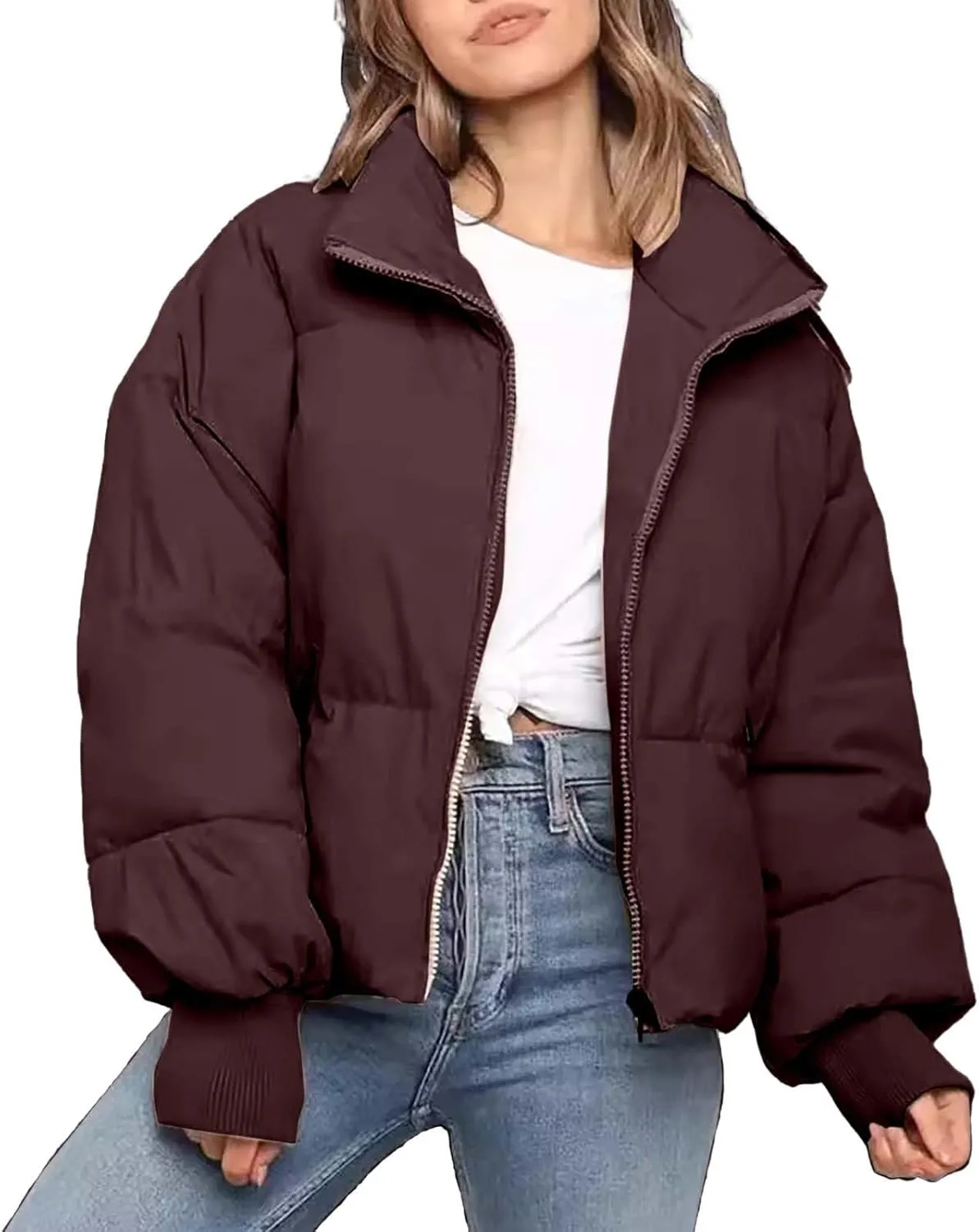 Women's Winter Cropped Puffer Jacket with Hood Waterproof Short Warm Quilted Jacket Puffy Bubble Coat Down Outerwear
