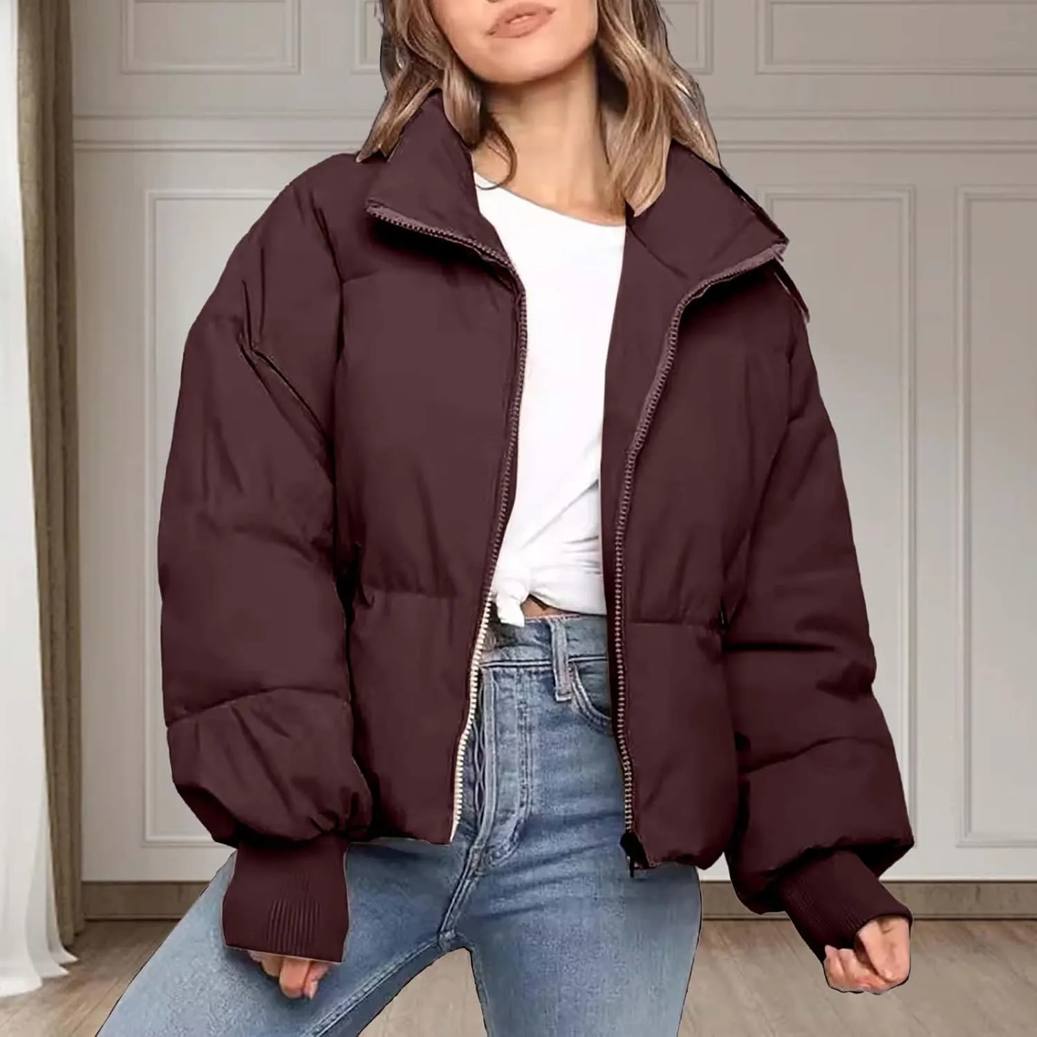 Women's Winter Cropped Puffer Jacket with Hood Waterproof Short Warm Quilted Jacket Puffy Bubble Coat Down Outerwear