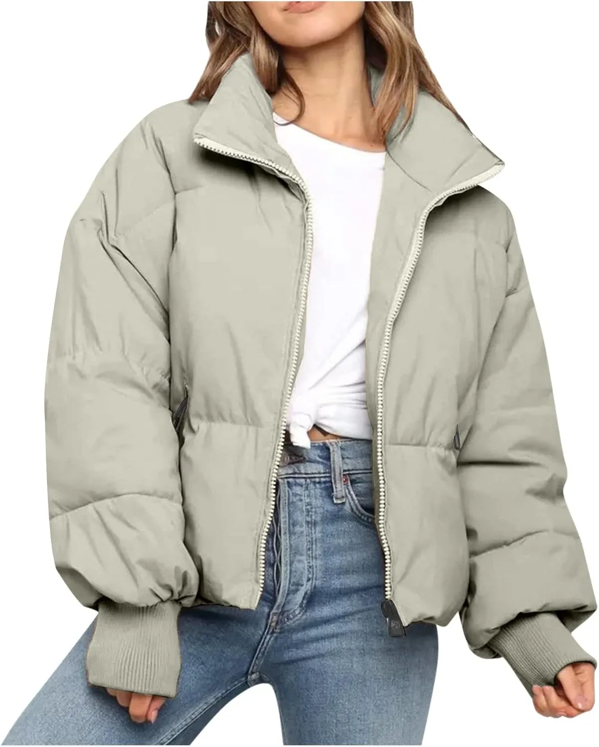 Women's Winter Cropped Puffer Jacket with Hood Waterproof Short Warm Quilted Jacket Puffy Bubble Coat Down Outerwear