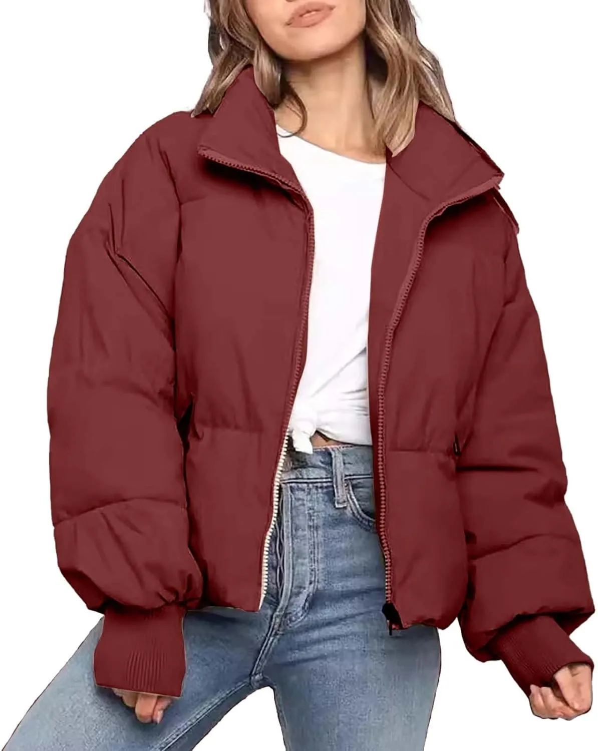 Women's Winter Cropped Puffer Jacket with Hood Waterproof Short Warm Quilted Jacket Puffy Bubble Coat Down Outerwear