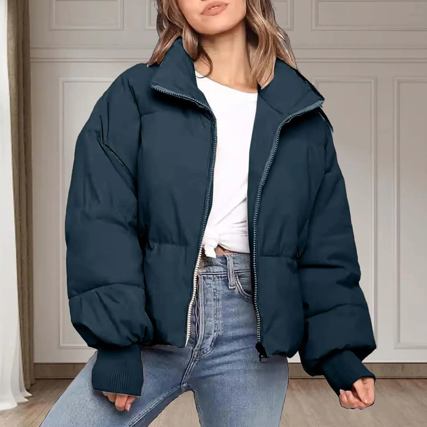Women's Winter Cropped Puffer Jacket with Hood Waterproof Short Warm Quilted Jacket Puffy Bubble Coat Down Outerwear