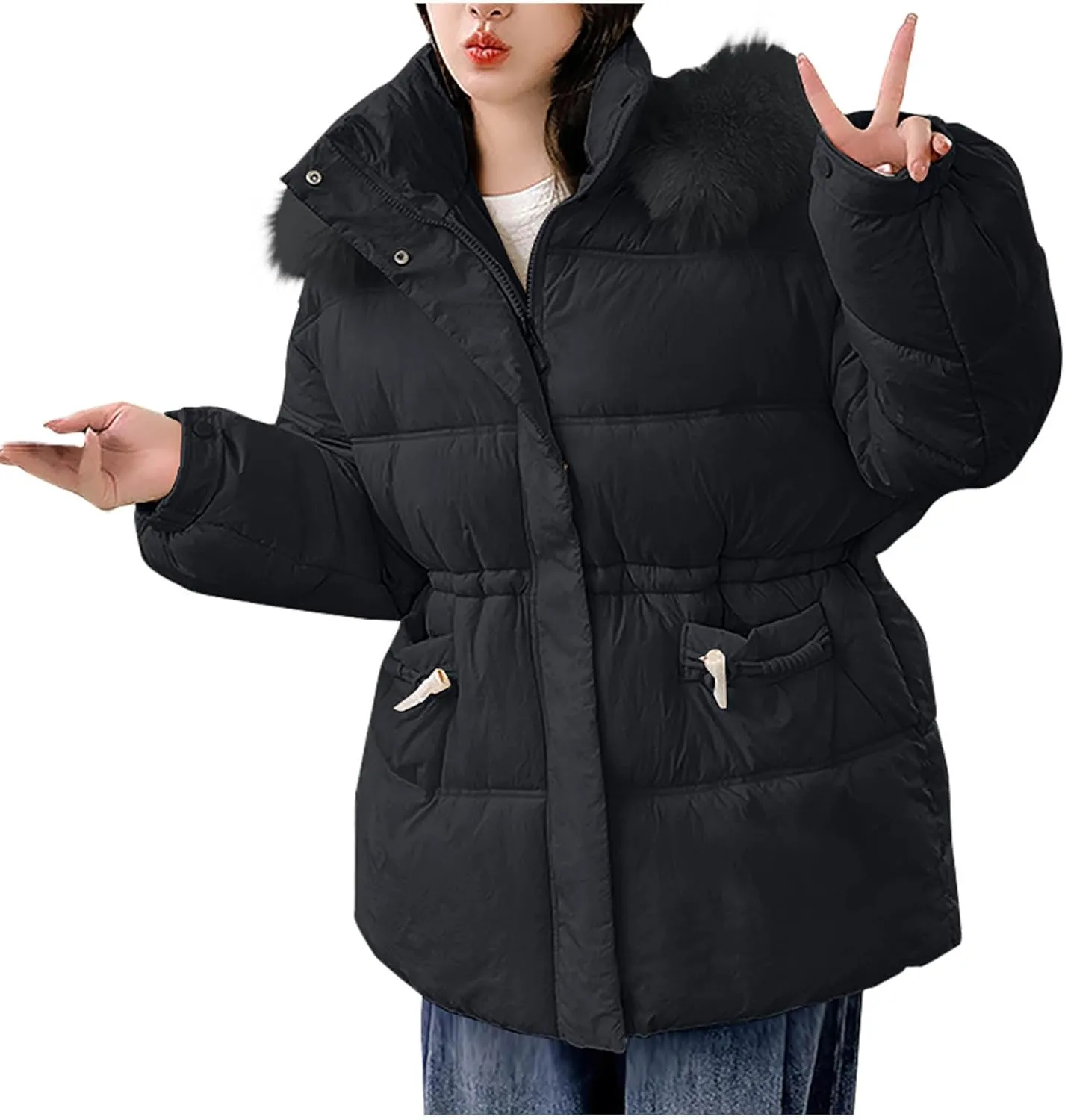 Women's Winter Puffer Coats Warm Windproof Padded Jackets Casual Snow Parka Military Trench Coats With Faux Fur Hood