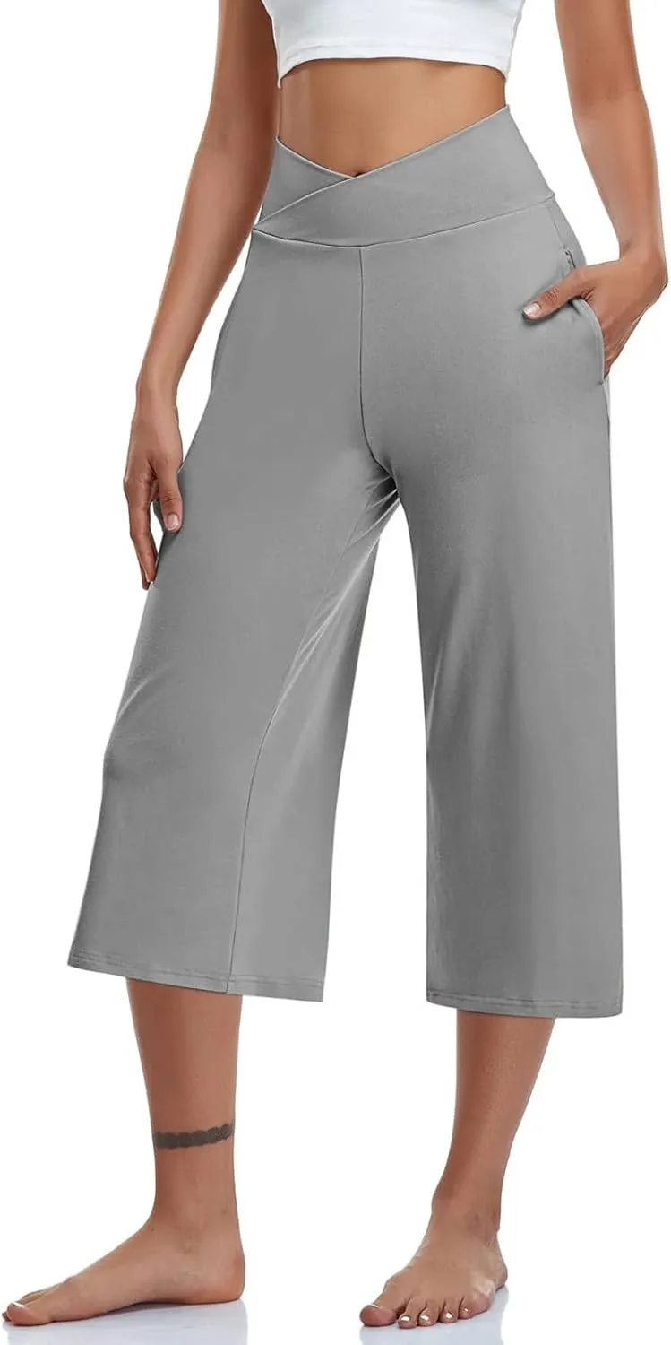 Womens Yoga Capri Pants Solid High Waist Pocket Active Trousers Comfy Breathable Fitness Pants Wide Leg Capri Pants