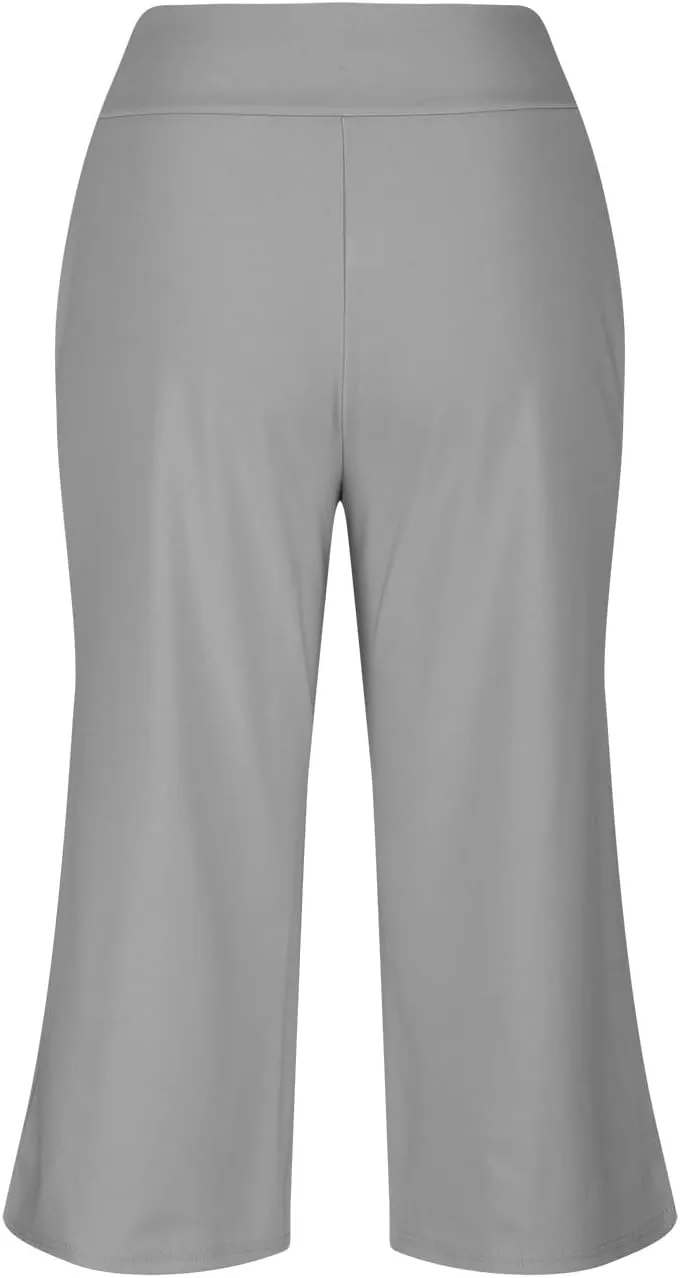 Womens Yoga Capri Pants Solid High Waist Pocket Active Trousers Comfy Breathable Fitness Pants Wide Leg Capri Pants