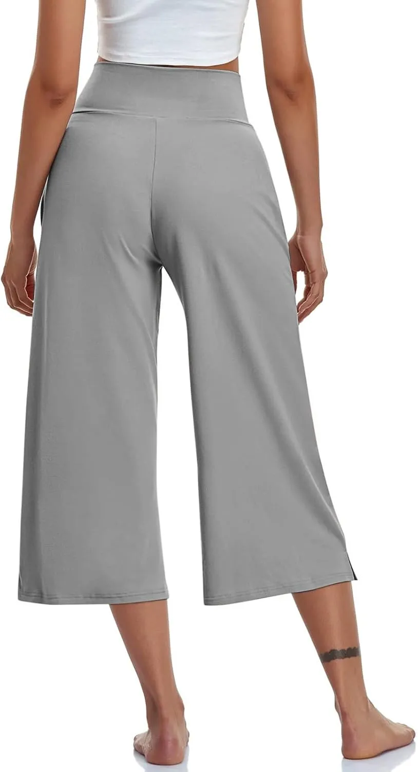 Womens Yoga Capri Pants Solid High Waist Pocket Active Trousers Comfy Breathable Fitness Pants Wide Leg Capri Pants