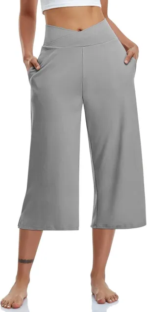 Womens Yoga Capri Pants Solid High Waist Pocket Active Trousers Comfy Breathable Fitness Pants Wide Leg Capri Pants