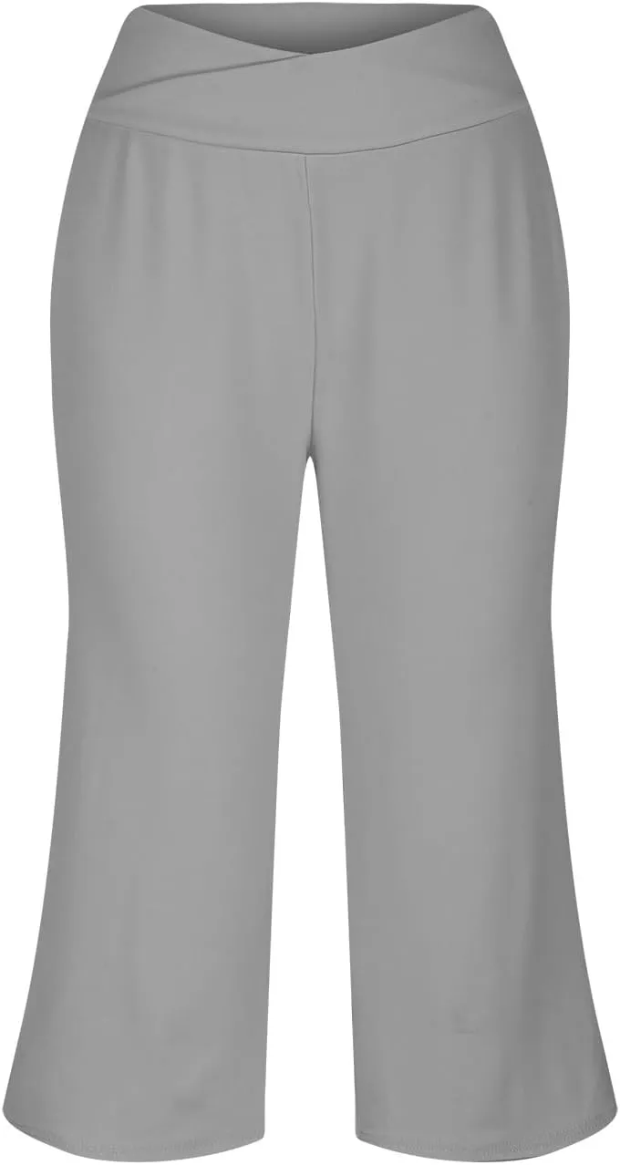 Womens Yoga Capri Pants Solid High Waist Pocket Active Trousers Comfy Breathable Fitness Pants Wide Leg Capri Pants